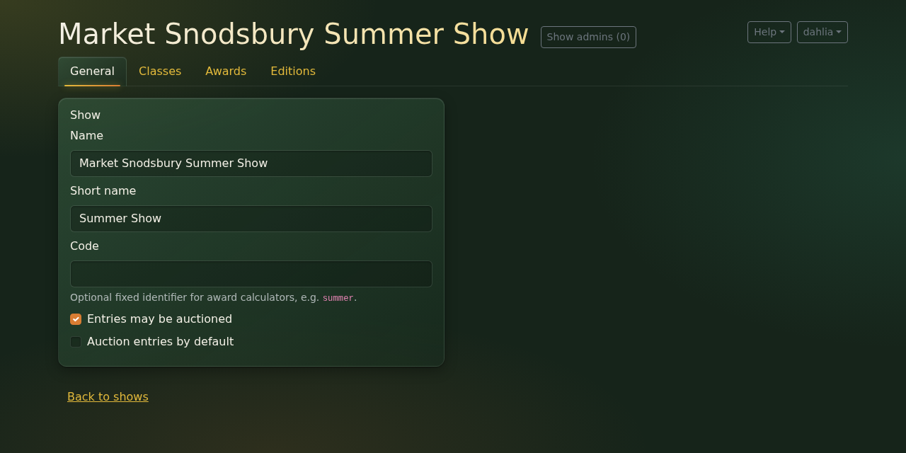 The General tab, with "Entries may be auctioned" ticked
