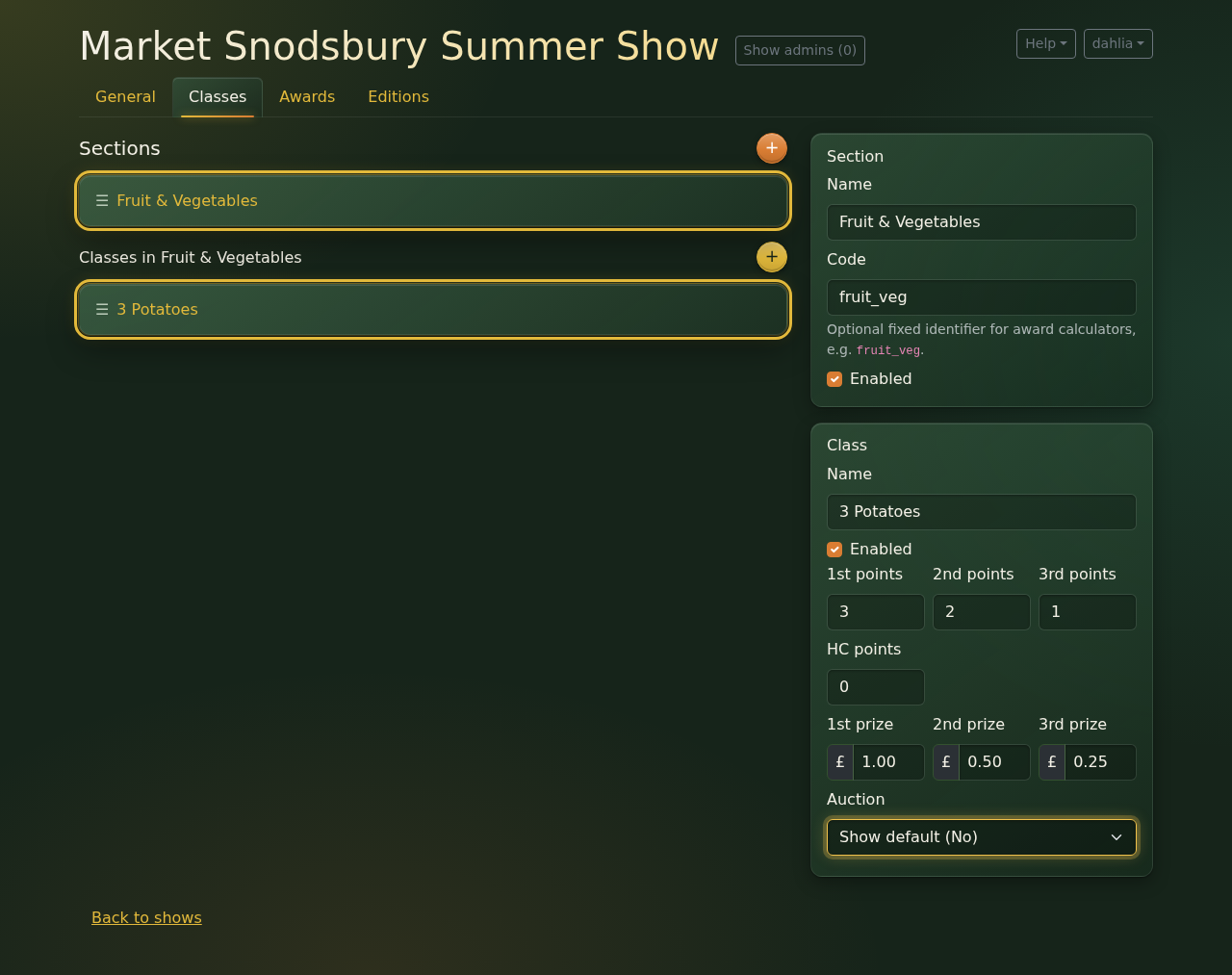 The 3 Potatoes class, with points, prize money and the auction setting