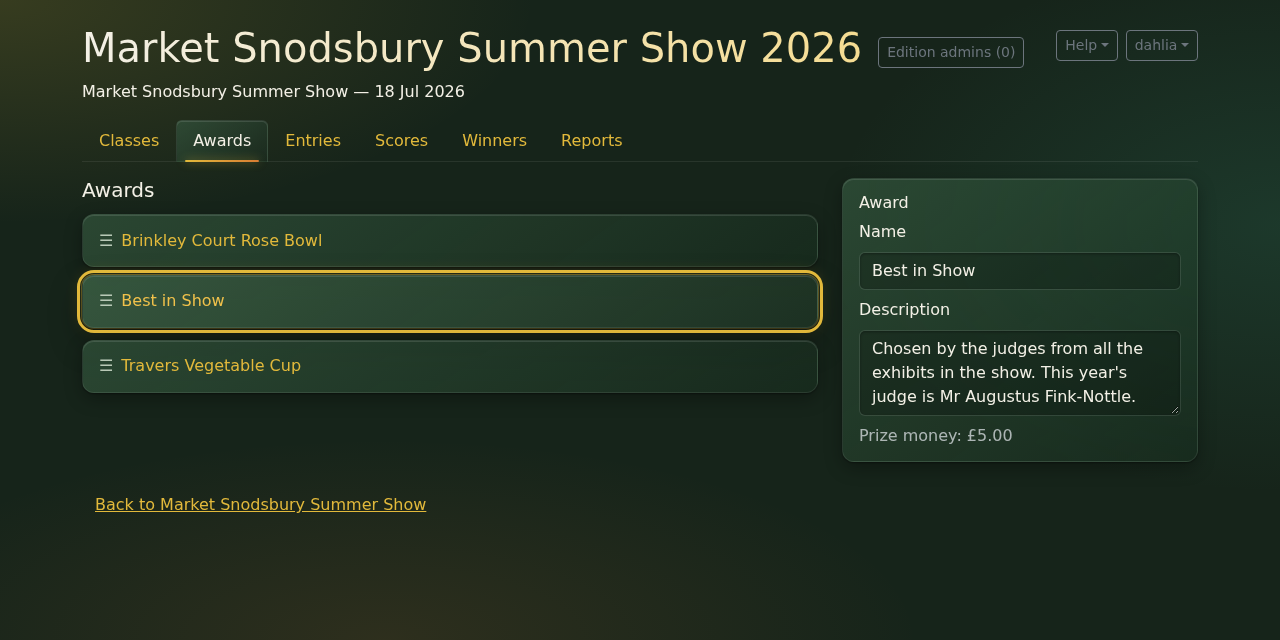 The edition's Awards tab, with this year's judge added to the description
