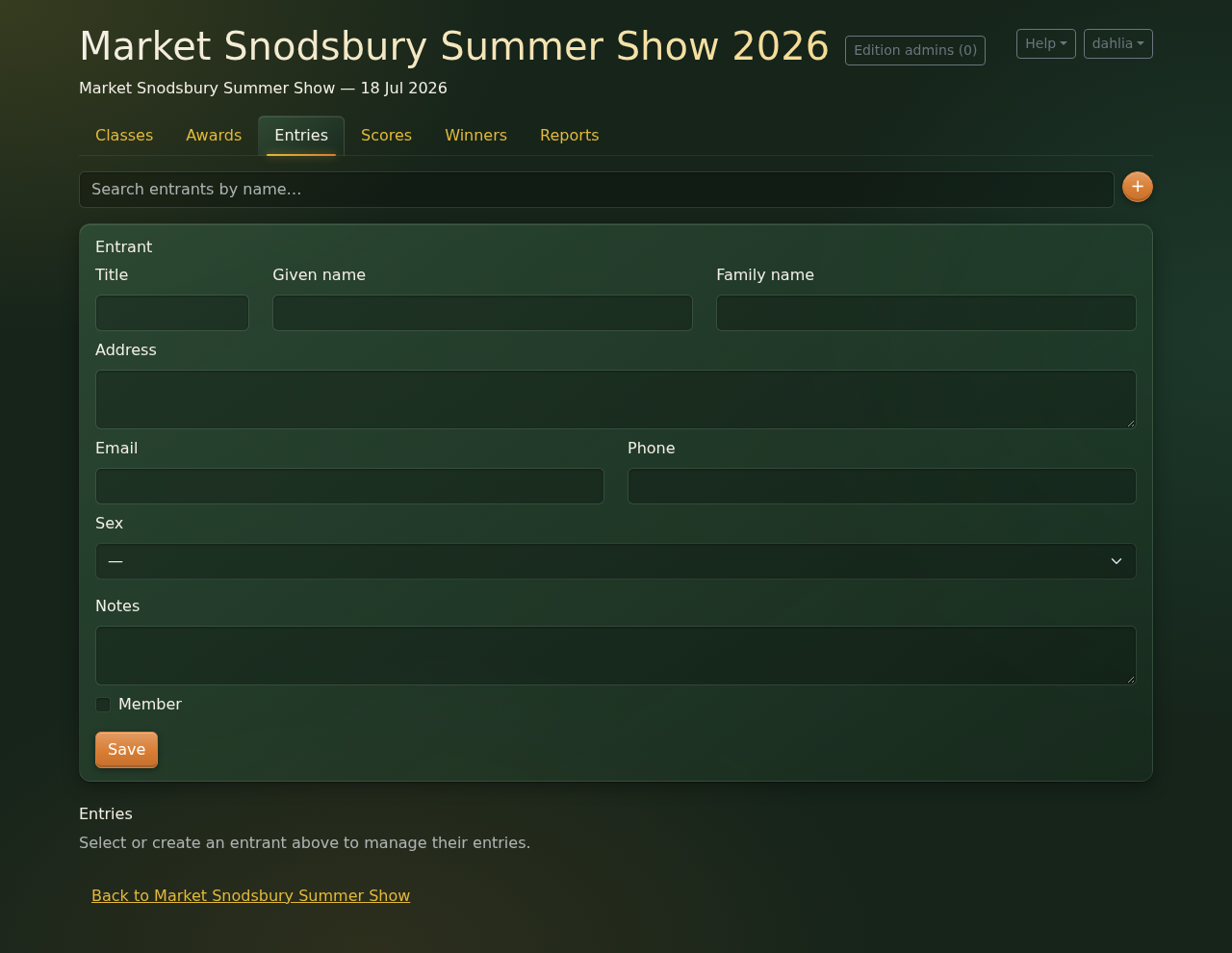 The Entries tab, ready for a new entrant