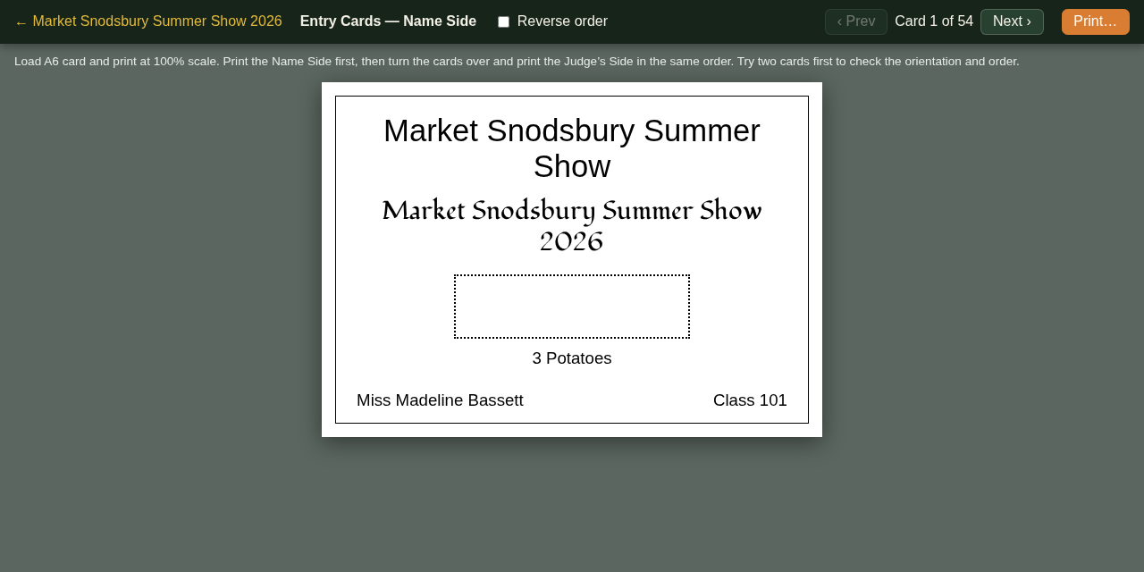 An entry card, name side